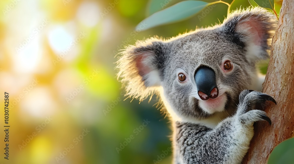 Fototapeta premium Peaceful Koala Clinging to Eucalyptus Tree Branch with Soft Sunlight Filtering Through the Verdant Leaves in a Serene Australian Forest Scene