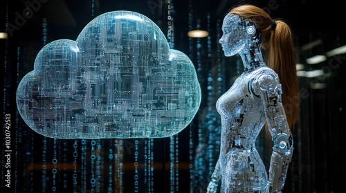 Female robot with glowing cloud in tech environment photo