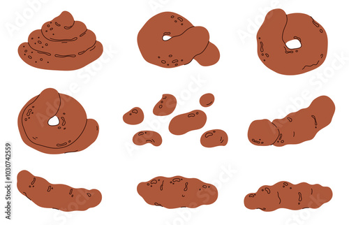 Cartoon brown poop. Animal and human excrement. Different forms and consistency of poo. Digestion for faecal output. Vector illustration