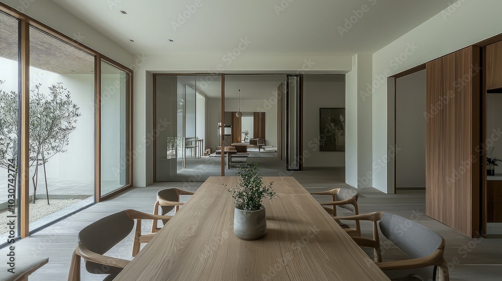Fototapeta premium Modern dining room interior design with wooden table and chairs, potted plant, and large windows overlooking a patio.