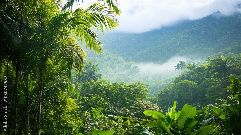 The lush green forests of the Amazon with wide-open space for copy