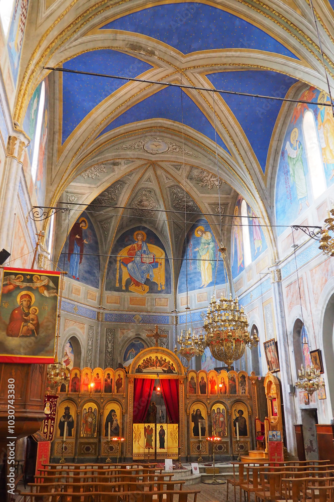 Choir of the Orthodox Church of Cargèse and its superb iconostasis (wooden partition, richly decorated with icons and paintings) built on a promontory facing the sea on the west coast of Corsica Choir of the Orthodox Church of Cargèse and its superb iconostasis (wooden partition, richly decorated with icons and paintings) built on a promontory facing the sea on the west coast of Corsica