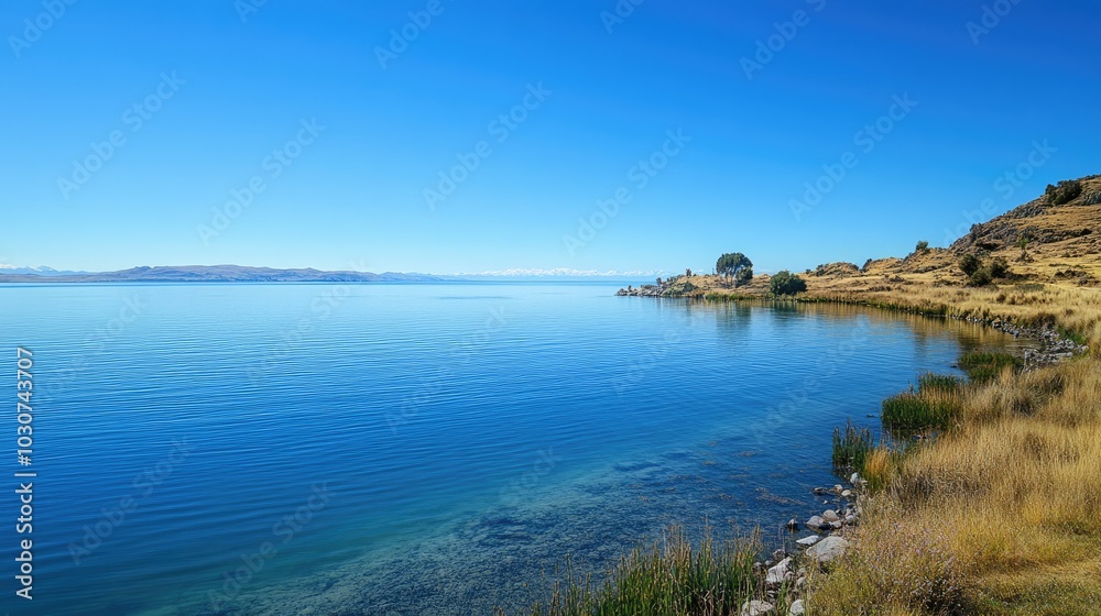 The serene blue waters of Lake Titicaca with a clear sky for text or design The serene blue waters of Lake Titicaca with a clear sky for text or design