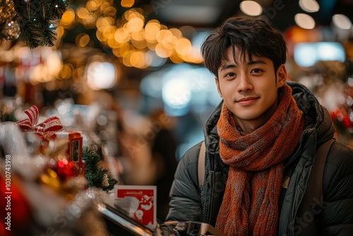 Young man enjoying holiday shopping at a Christmas market, surrounded by festive lights and decorations, creating a warm and joyful holiday atmosphere.