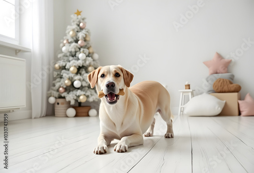 A cheerful dog holds a bone in its mouth while standing in a bright, cozy interior decorated with festive Christmas ornaments. The warm holiday setting, complete with colorful decorations and soft photo