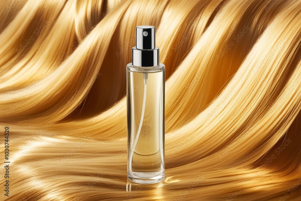 Obraz premium A stylish, transparent spray bottle standing on a reflective surface with golden strands flowing behind, showcasing high-end haircare solutions