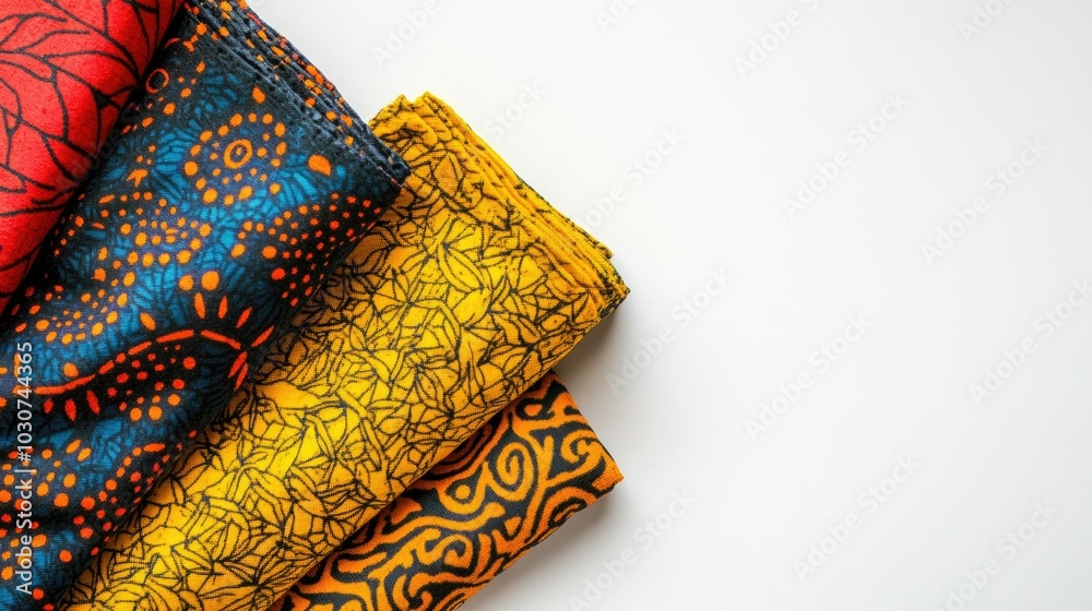Top view of African clothing fabric patterns folded with space for copy Top view of African clothing fabric patterns folded with space for copy