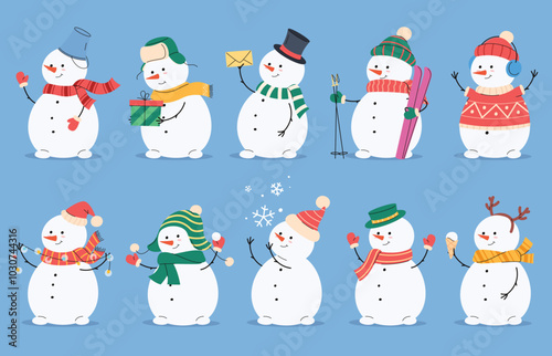 Snowmen in different hats and scarves made of snow. Christmas holiday entertainment on the street with snow in the snow. Vector illustration