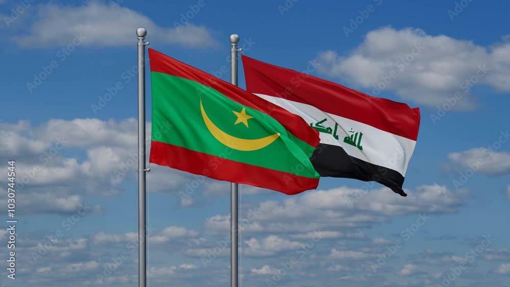 Iraq and Mauritania two flags waving together on blue , video concept of the relationship