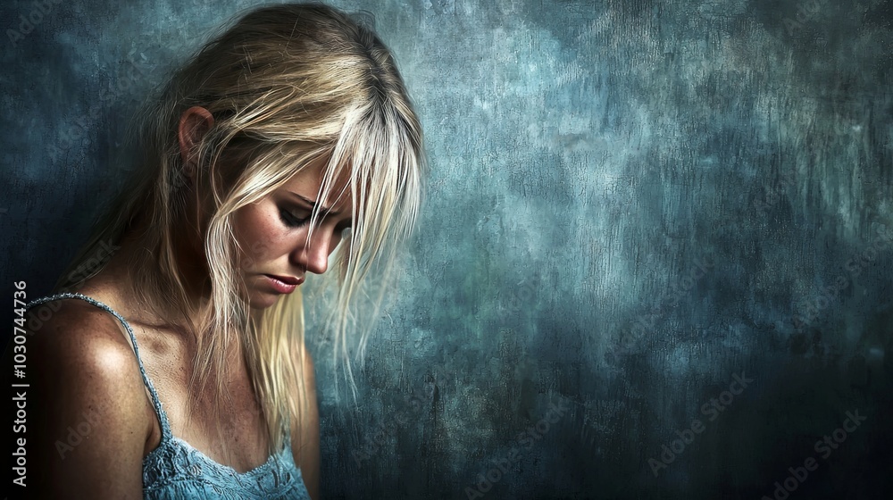 Solitude and Reflection. Woman with Long Blond Hair Against Artistic Blue Background Solitude and Reflection. Woman with Long Blond Hair Against Artistic Blue Background