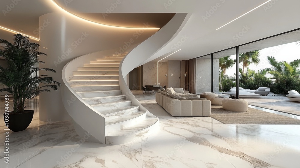 Fototapeta premium Modern Luxury Interior with Spiral Staircase