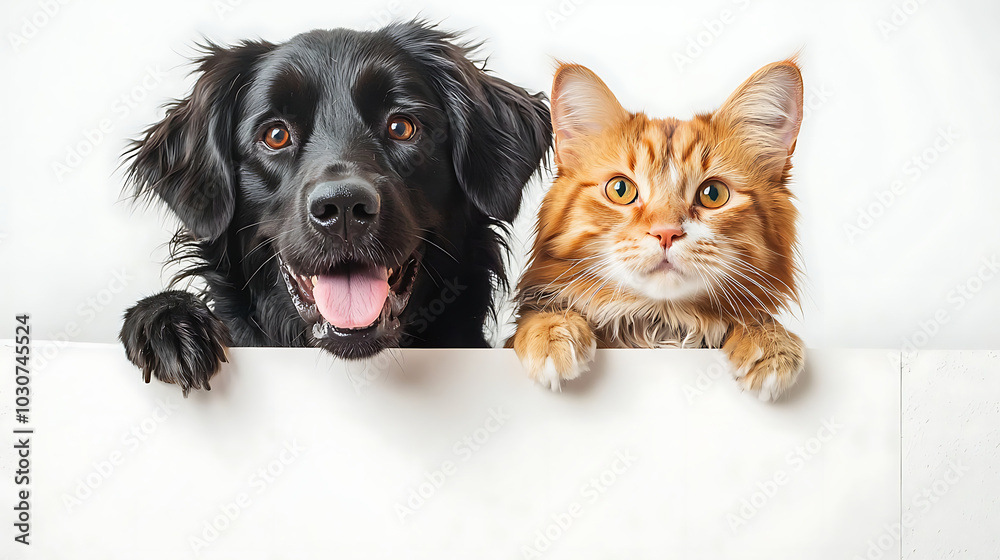 A playful image featuring a smiling dog and two curious cats peeking over a blank white board. Their expressions create a fun and adorable scene, perfect for pet lovers.