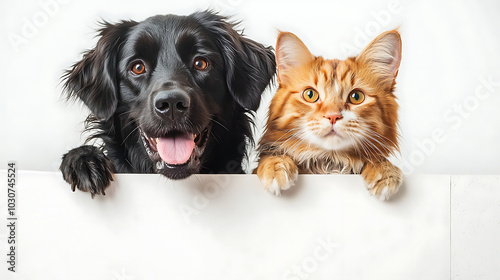 Obraz na płótnie A playful image featuring a smiling dog and two curious cats peeking over a blank white board. Their expressions create a fun and adorable scene, perfect for pet lovers. w salonie