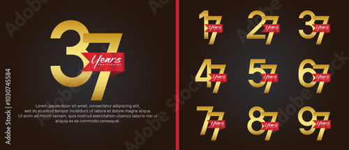 anniversary logotype set. vector design gold color with red ribbon can be use for celebration event