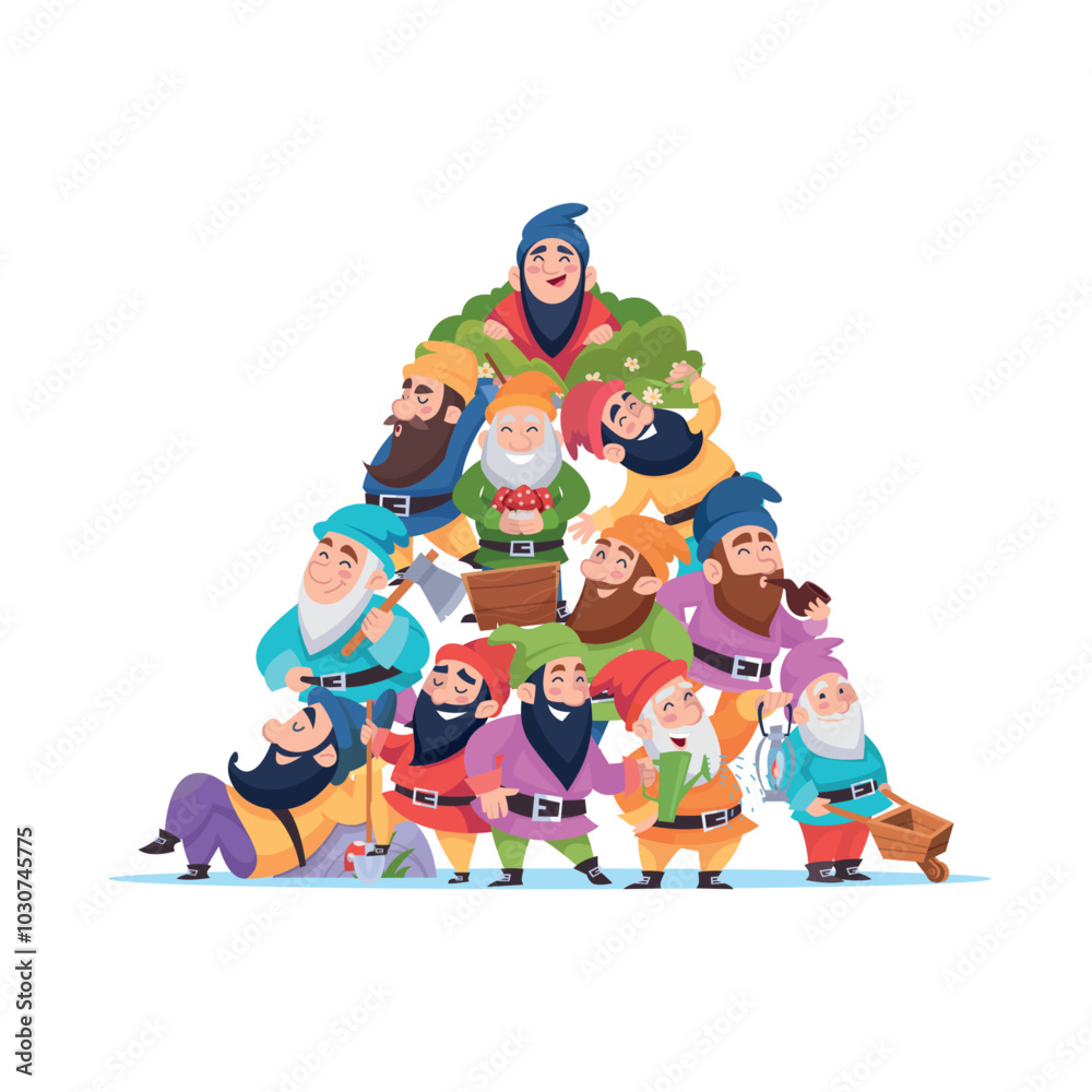 Naklejka premium gnomes. fairy tale funny characters crowd of gnomes. vector cartoon fantasy persons