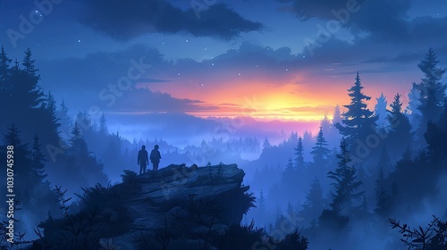 A pair of friends exploring a foggy trail at dusk, symbolizing teamwork, motivation, and discovery. The majestic landscape highlights their journey, confidence, and shared growth. High resolution