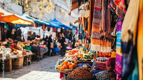 A bustling street market with colorful fabrics, fresh produce, and people shopping.