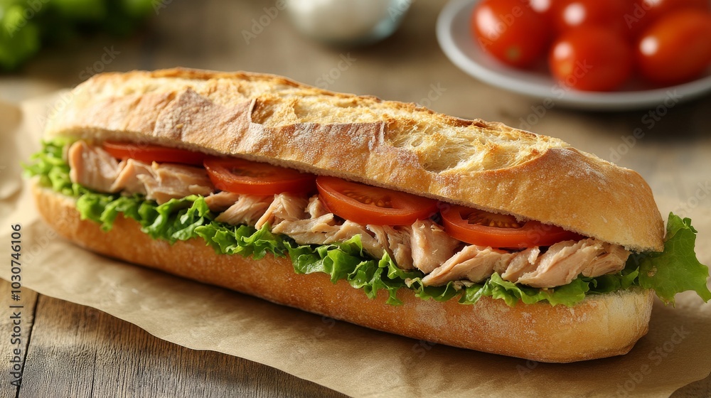 Un bocadillo de baguette dorada con relleno de atún, rodajas de tomate y lechuga fresca, servido sobre papel marrón.
Un bocadillo de baguette dorada con relleno de atún, rodajas de tomate y lechuga fresca, servido sobre papel marrón.