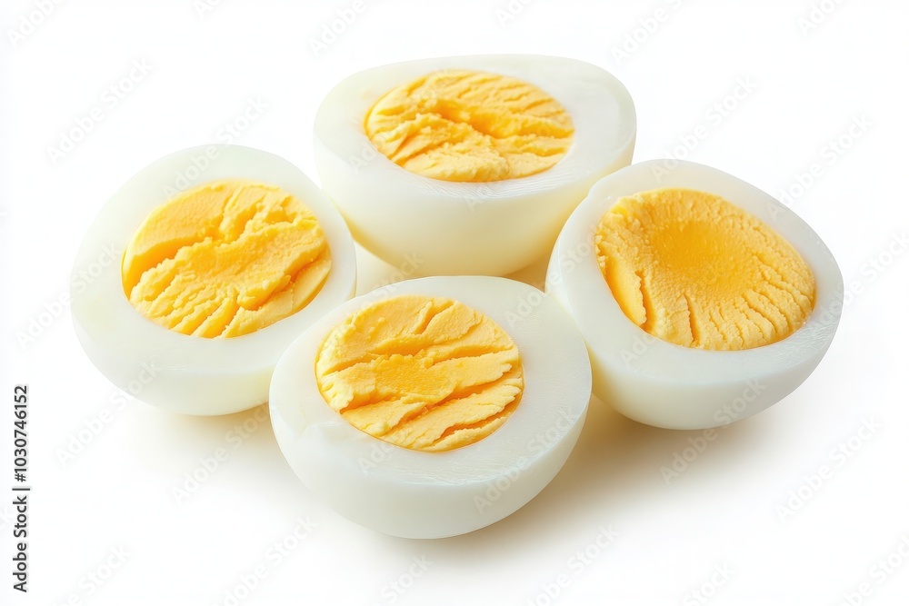 Four boiled eggs are cut in half, revealing their smooth, yellow yolks surrounded by soft white egg white. The eggs are centered against a simple white background, emphasizing their texture. Four boiled eggs are cut in half, revealing their smooth, yellow yolks surrounded by soft white egg white. The eggs are centered against a simple white background, emphasizing their texture.
