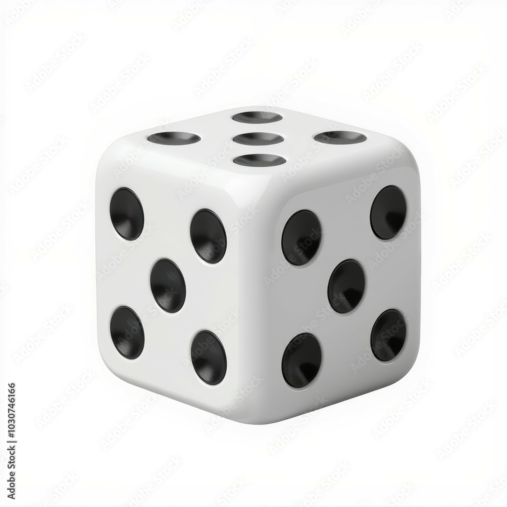 A classic white die showing the number six on its top face, used in various games of chance and strategy. A classic white die showing the number six on its top face, used in various games of chance and strategy.