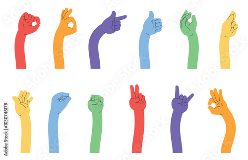 A set of colored flexible long arms. Stretching elongated hands with palms. Vector illustration