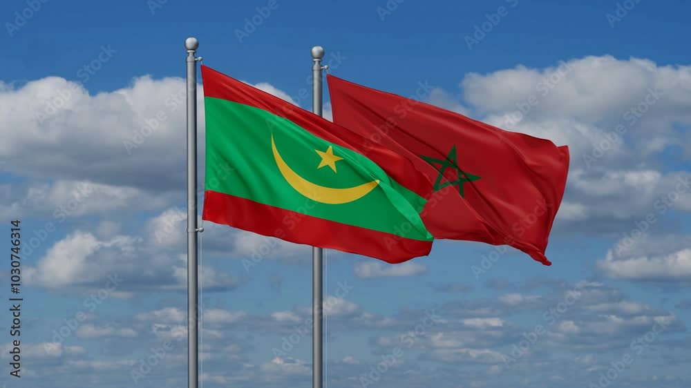 Morocco and Mauritania flags flying together, video concept of the relationship, two country relations concept Morocco and Mauritania flags flying together, video concept of the relationship, two country relations concept