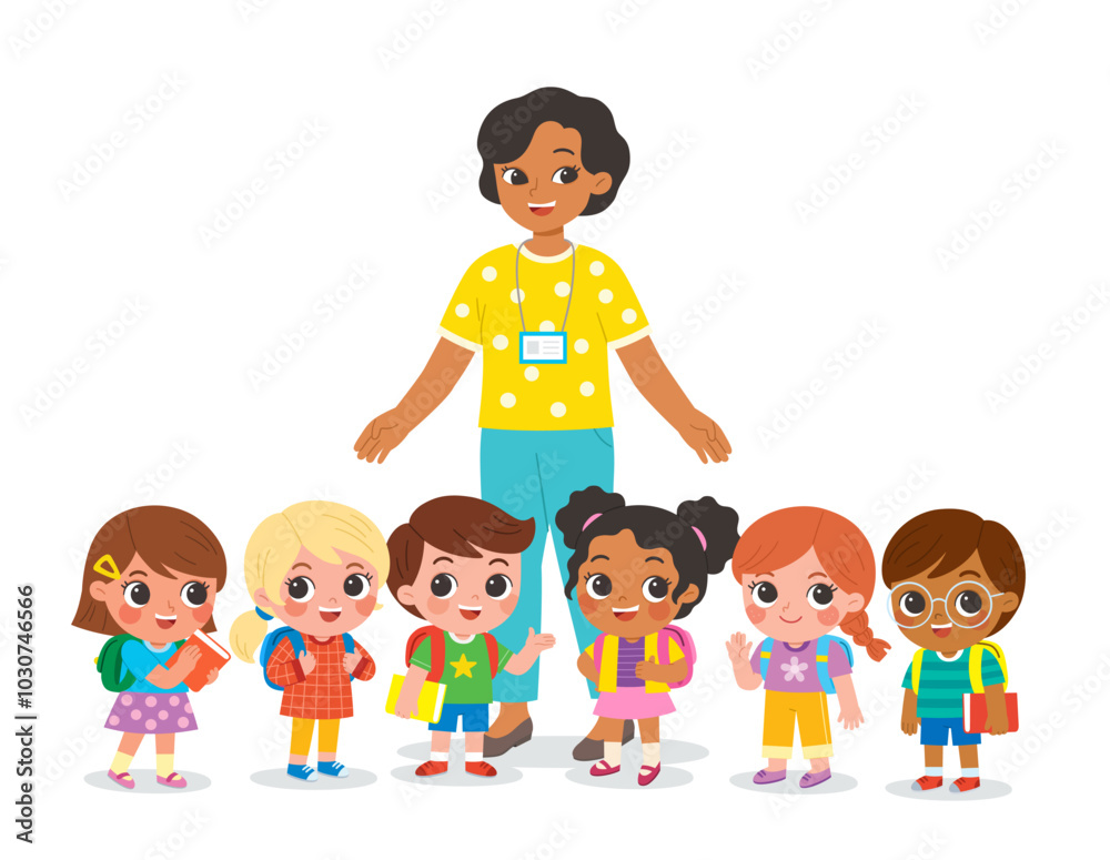 Group of elementary school children and teacher standing in the classroom and talking to each other. Happy teacher and kids meet and make friends at school. Group of elementary school children and teacher standing in the classroom and talking to each other. Happy teacher and kids meet and make friends at school.