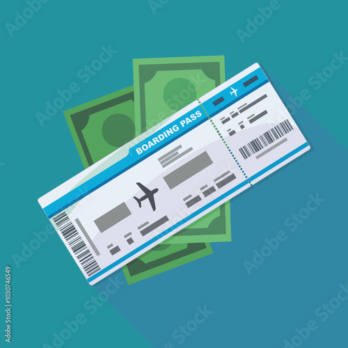 Plane ticket on a wad of green dollar bills on a blue background with long shadow (flat design)