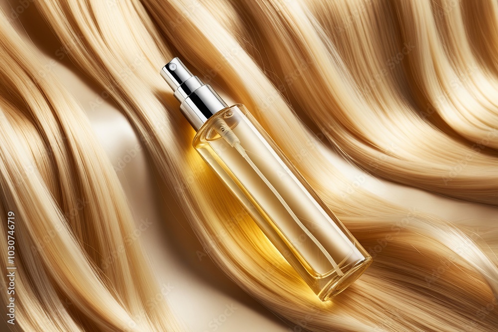 Naklejka premium A sleek hairspray bottle mockup displayed against a backdrop of cascading golden hair, perfect for showcasing hair care products in a luxurious setting