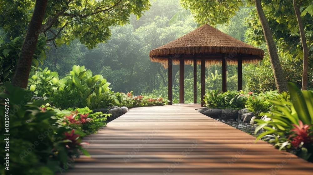 Serene Tropical Pathway in Lush Garden Serene Tropical Pathway in Lush Garden