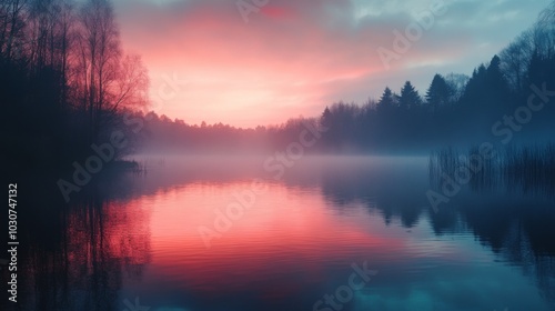 Serene Misty Sunrise Over Forest Lake