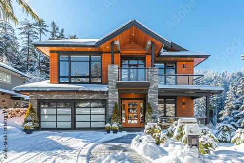 Modern Two-Story Home in Winter with Snow on Roof and Yard, British Columbia, Canada photo