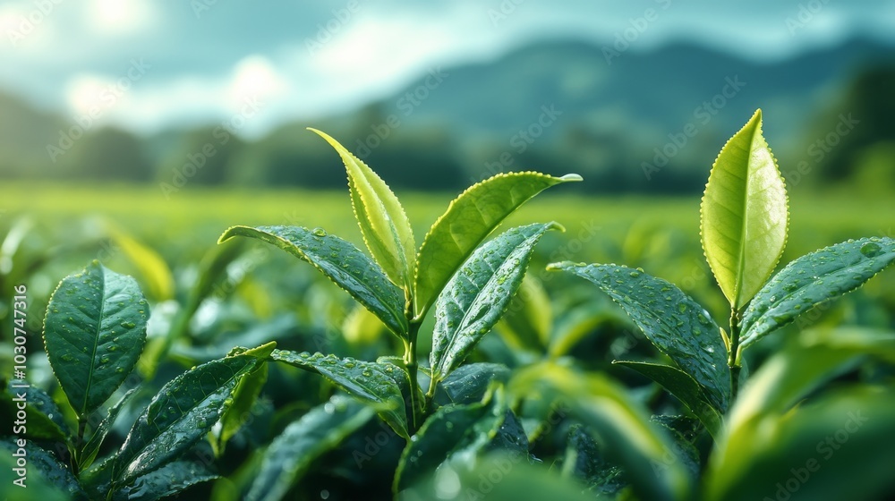 Obraz premium Brotes de té frescos emergiendo entre plantas verdes en un paisaje montañoso bajo la suave luz del sol. 