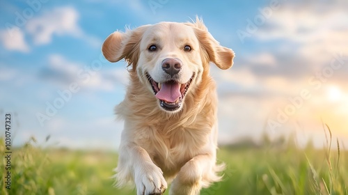 Joyful Golden Retriever Running Through a Vibrant Sunset Grass Field The energetic dog leaps and bounds through the tall backlit grass its golden coat shimmering in the warm evening light