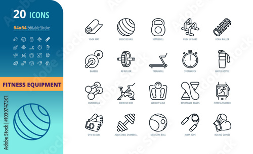 Fitness Equipment Icons Set - 20 Vector Icons, Pixel Perfect,  Editable Stroke, Fitness Gear & Accessories