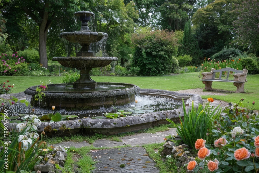 Formal Garden with Fountain, Ornamental Plants, and Stone Bench at English Country Estate Formal Garden with Fountain, Ornamental Plants, and Stone Bench at English Country Estate