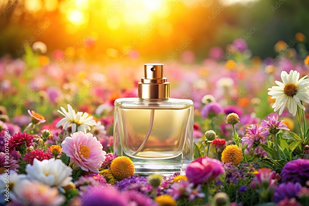 fragrance bottle with perfume in flower field silhouette fragrance bottle with perfume in flower field silhouette