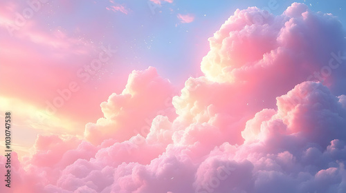 Soft pink and purple clouds illuminated by sunlight at sunset.