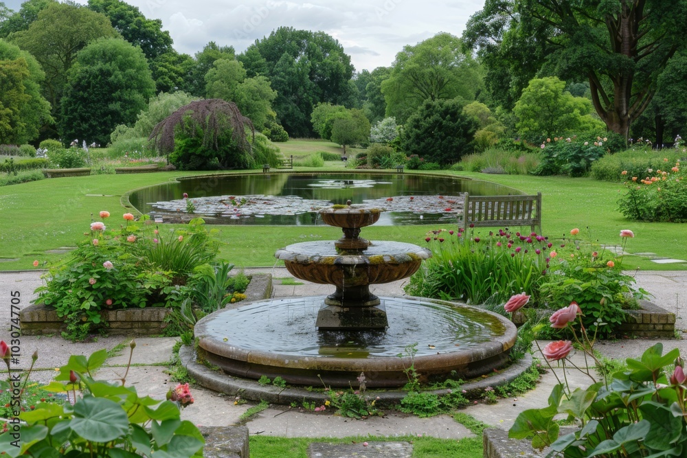 Formal Garden with Fountain, Ornamental Plants, and Stone Bench at English Country Estate Formal Garden with Fountain, Ornamental Plants, and Stone Bench at English Country Estate