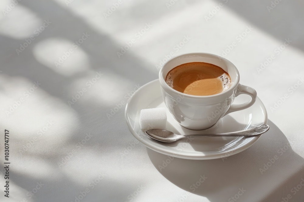 A hot cup of espresso in a small cup, placed on a saucer with a teaspoon and sugar cube beside it A hot cup of espresso in a small cup, placed on a saucer with a teaspoon and sugar cube beside it