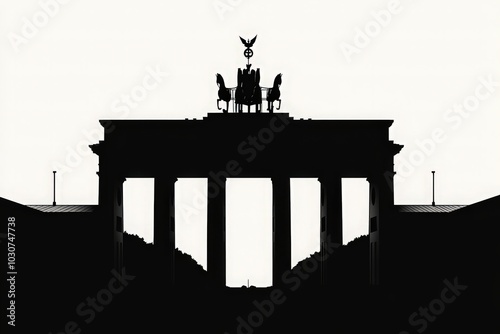 The silhouette of the Brandenburg Gate stands out against a light background, capturing its grandeur at dusk. The clean lines emphasize the architectural beauty of this Berlin landmark.