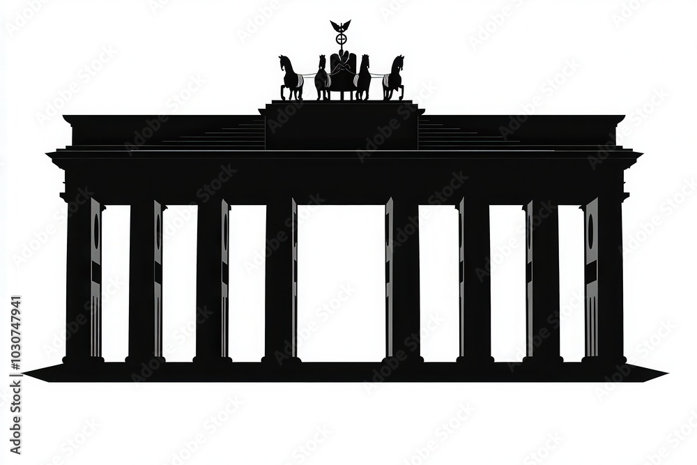 The Brandenburg Gate stands prominently against a twilight sky, its silhouette highlighting the neoclassical columns and the Quadriga atop. A symbol of unity and peace, it draws many admirers.