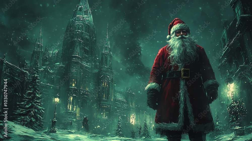 Fototapeta premium Santa Claus standing in a snowy, festive winter landscape.