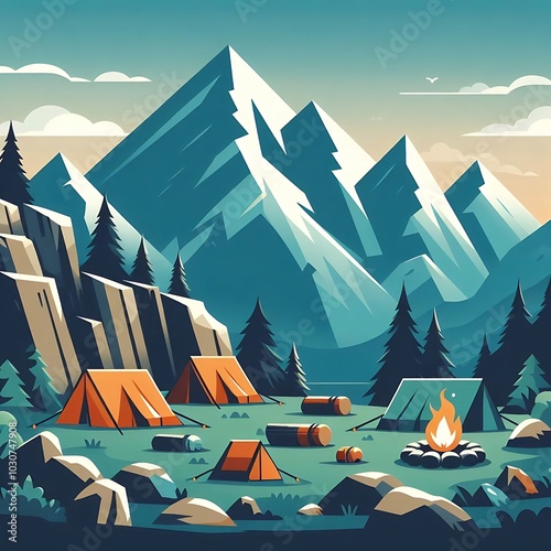 Flat illustration of mountain tent camping campaign photo