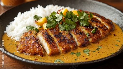 Filetes de pollo crujientes servidos con arroz y bañados en una rica salsa de curry, decorado con cilantro fresco. 