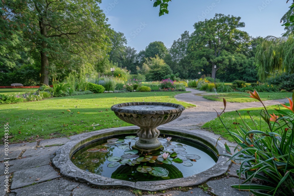 Ornamental Garden with Green Grass, Trees, Flowers, Small Pond, Stone Path, and Fountain Bowl Under Clear Blue Summer Sky Ornamental Garden with Green Grass, Trees, Flowers, Small Pond, Stone Path, and Fountain Bowl Under Clear Blue Summer Sky