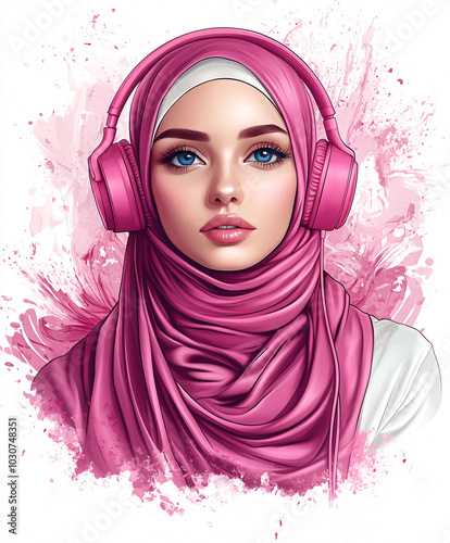Illustration of an elegant Arab woman in a long hijab, with fair skin and striking blue eyes, wearing pink headphones.
