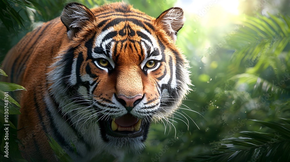 Fototapeta premium Majestic Tiger Prowling Through the Lush Jungle Its Striped Fur Glowing in the Dappled Sunlight of the Dense Foliage A Powerful Captivating Predator Stalking Its Prey in the Wild Untamed Habitat