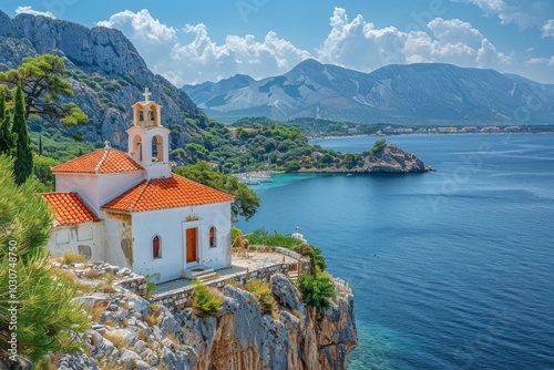 Old Church with Red Roof Overlooking Harbor in Meryne, Greece, Panoramic View of Lounda Entrance and Moni Neonhard Monastery on Sunny Day