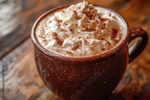 A hot pumpkin spice latte in a cozy mug, topped with whipped cream and a sprinkle of cinnamon